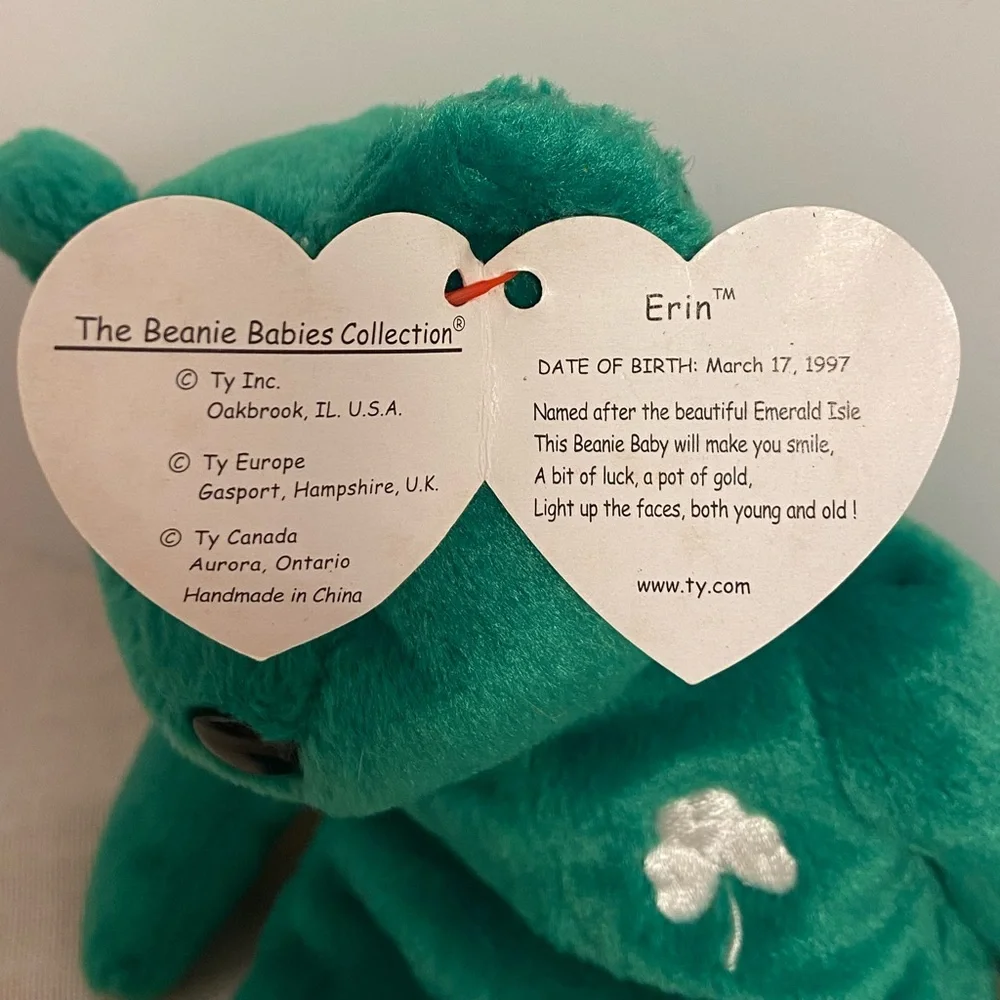 TY Erin Beanie Baby Babies Erin embroidered shamrock teddy bear 90s 1997 vintage - Picture 13 of 16